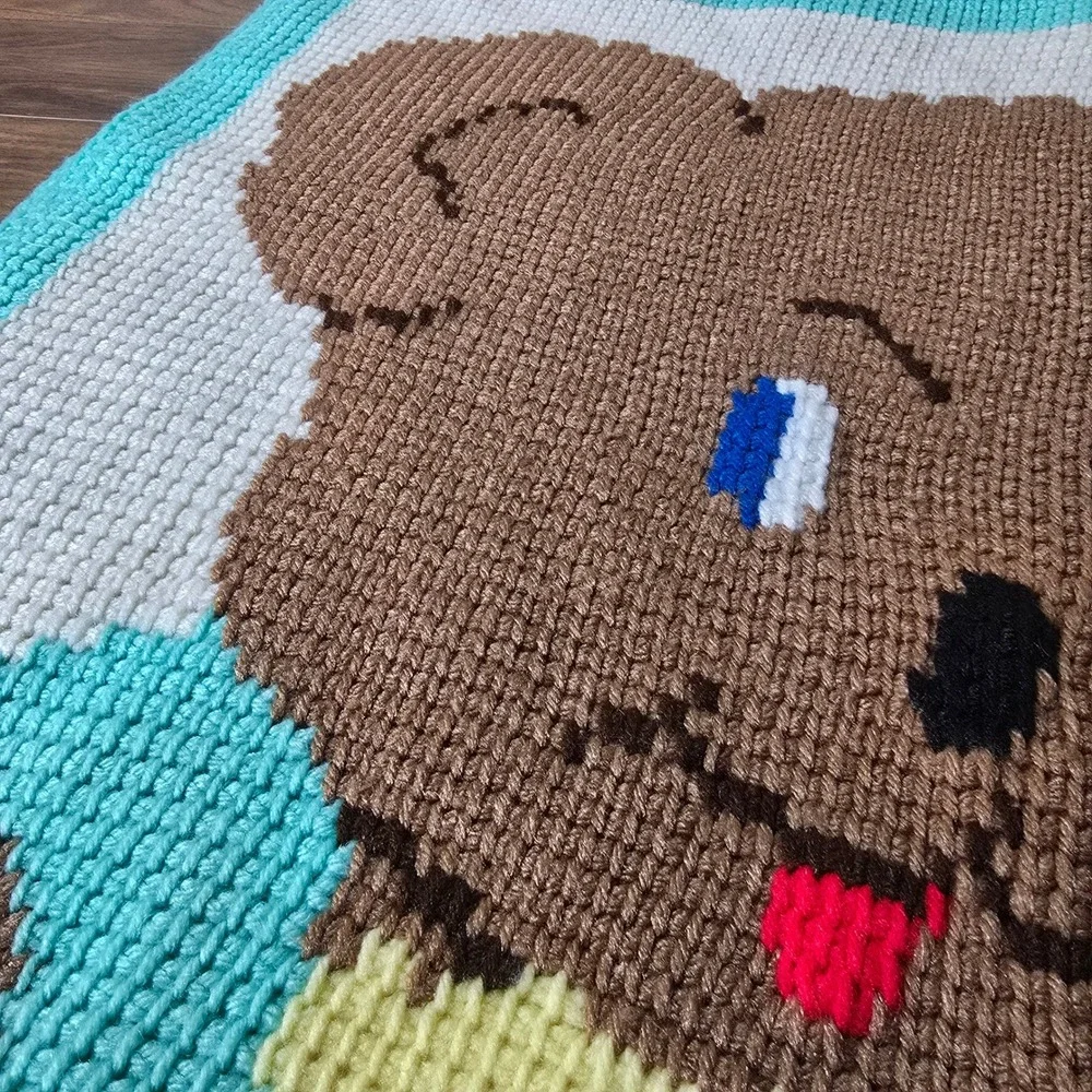 Handmade Crochet Baby‎ Blanket Teddy Bear Aqua Yellow Bow Lollipop Vtg Design